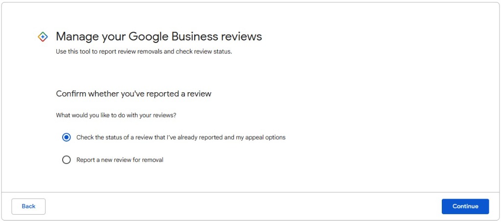 Google's Reviews Management Tool asking whether to check the status of a reported review and its appeal options, or report a new review