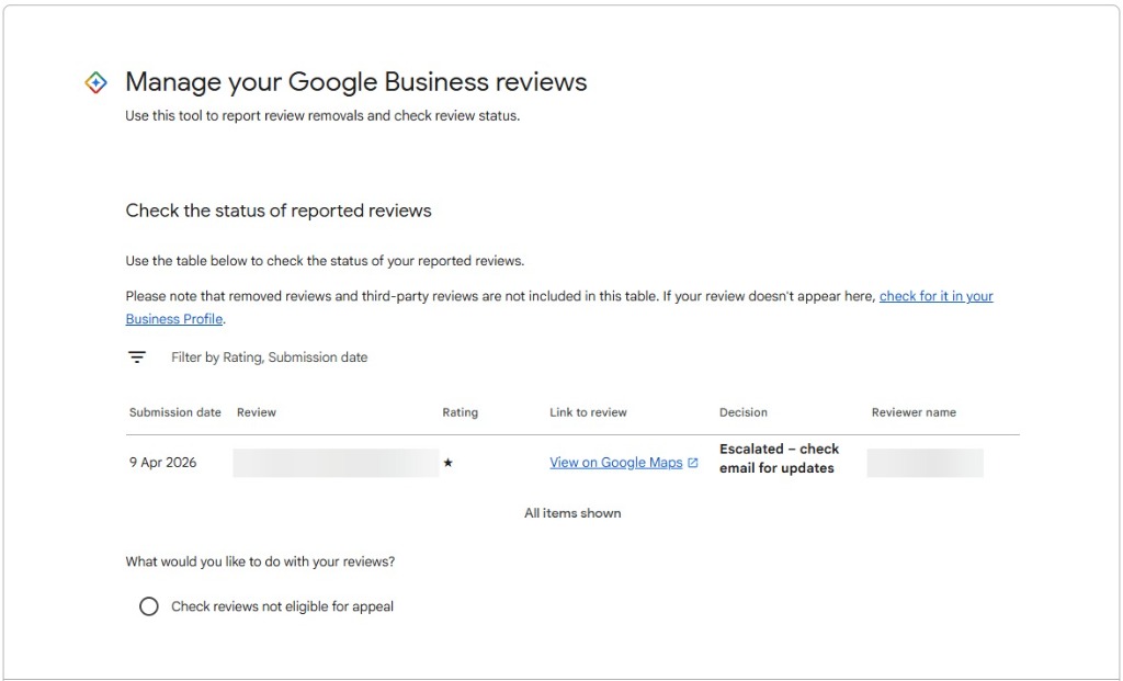 Google's Reviews Management Tool showing a reported review with the decision 'Escalated – check email for updates'