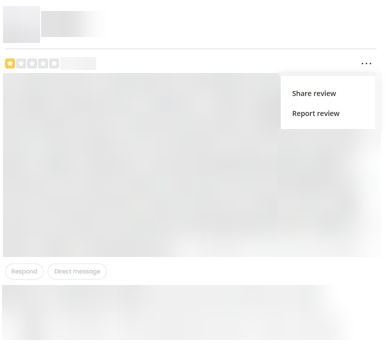 Yelp for Business review with the three-dot menu open, showing Share review and Report review